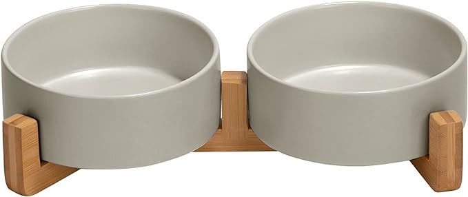 SPUNKYJUNKY Ceramic Dog and Cat Bowl with Wood Stand Non-Slip Matte Glaze Weighted Food Water Set... | Amazon (US)