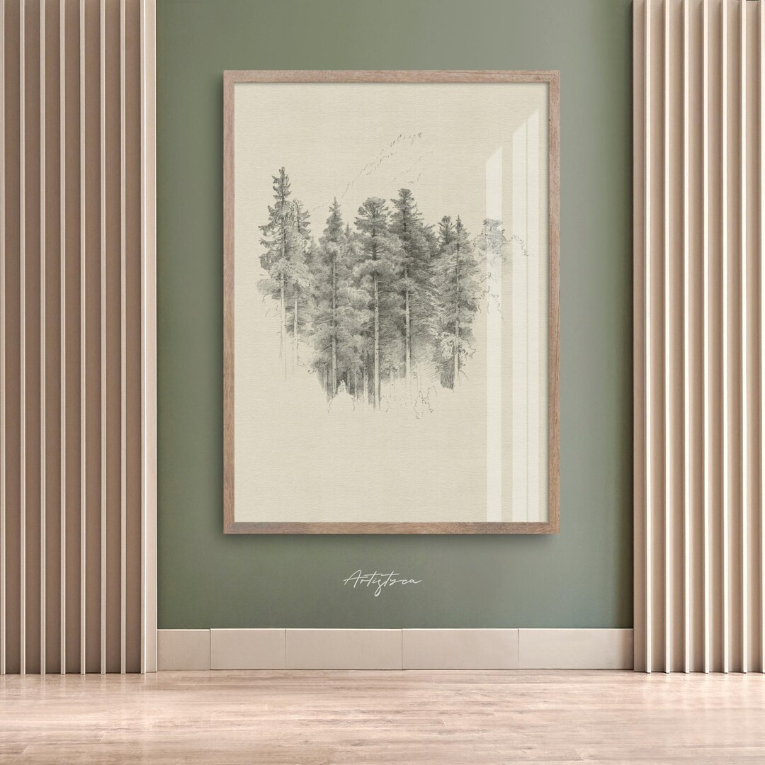 FOREST Wall ART PRINT, Vintage Pencil Drawing, Forest Sketch Digital Poster, Tree Country Home De... | Etsy (US)