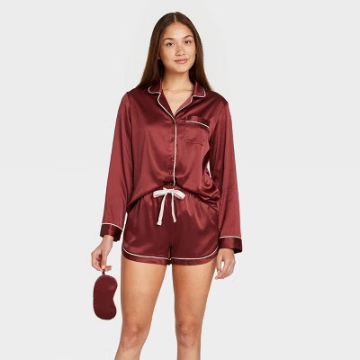 Women's 3pc Satin Long Sleeve Notch Collar Top and Shorts Pajama Set with Eye Cover - Stars Above... | Target