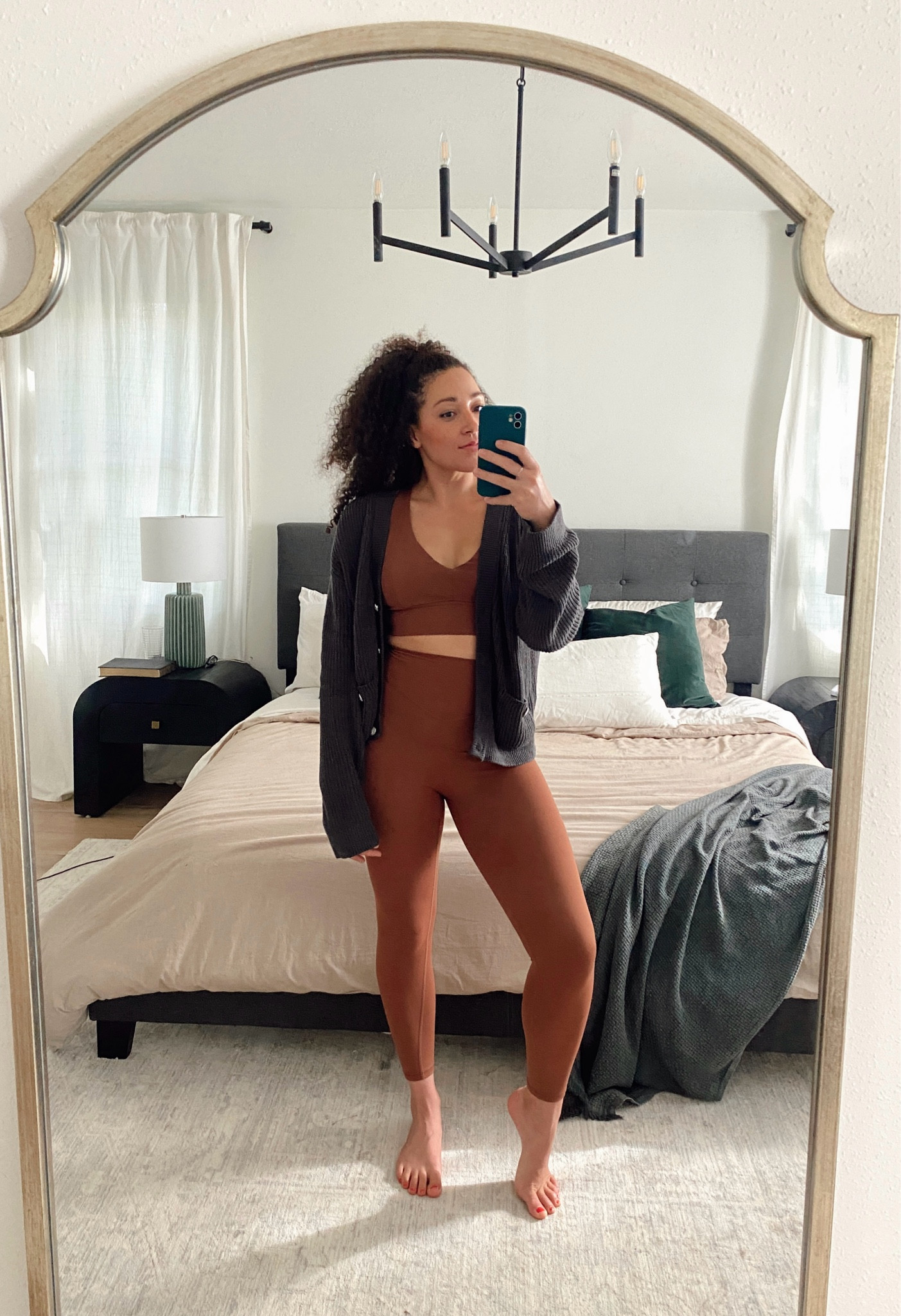 Brown leggings and sports bra workout athleisure set paired with a cute and cozy charcoal cardigan 🍂🤎

#LTKSeasonal #LTKFindsUnder100 #LTKFindsUnder50