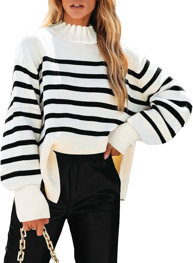 Sweaters for Women 2023 Trendy Fall Winter Easy Street Stripe Sweater Tops Side Slit Ribbed Knit ... | Amazon (US)