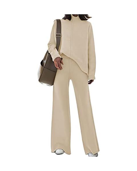 Amazon.com: Viottiset Women's 2 Piece Outfits Sweater Set Wide Leg Pants High Neck Sweatsuit Fall... | Amazon (US)