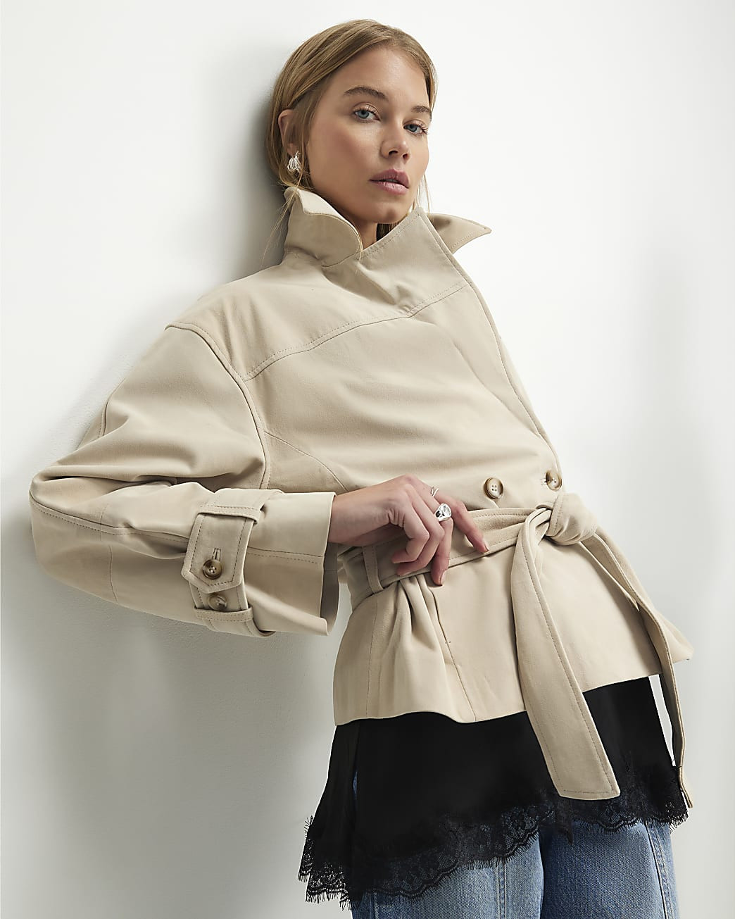 Cream Suede Cropped Trench Coat | River Island UK & IE