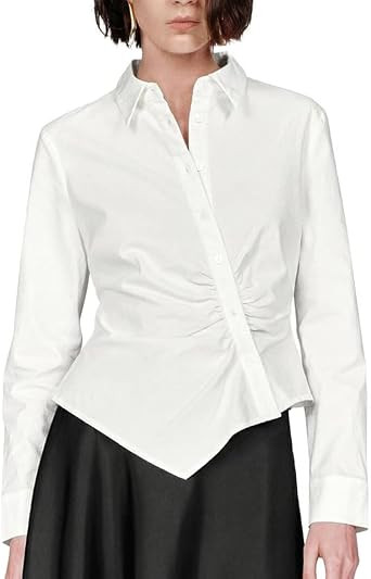 URBAN REVIVO Womens Asymmetric Wrap Ruched Shirt, Long Sleeve Collared Fitted Blouse Work Office Casual All Season | Amazon (US)