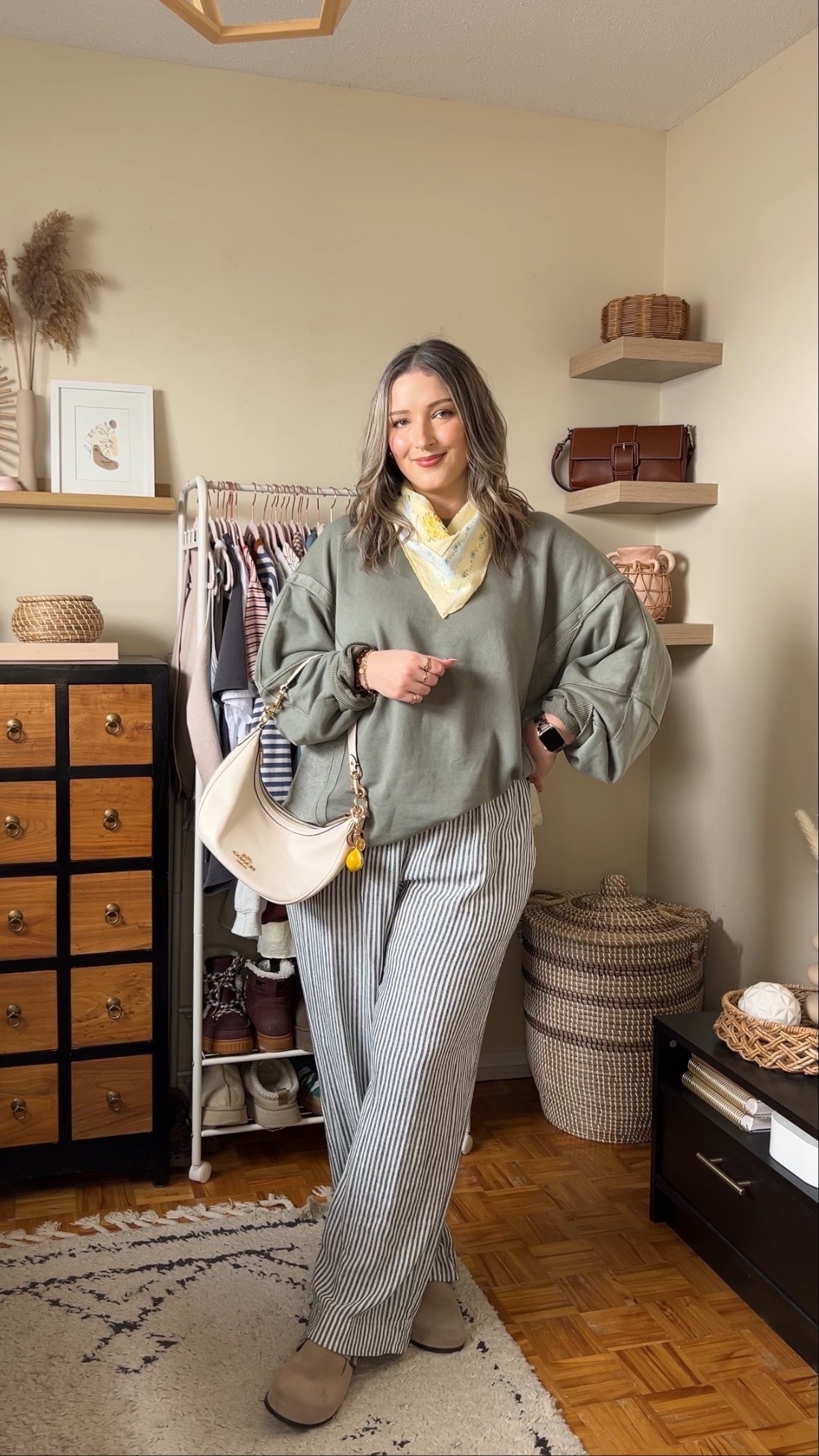 Easy spring outfit! Wearing M in the sage green sweatshirt, it runs big. Linked this year’s version of my striped linen wide leg pants, I wear L tall. Love the butter yellow bandana for a fun pop of color & print! Canadian Old Navy links are under “similar products"


#LTKsale #LTKstyletip #LTKmidsize