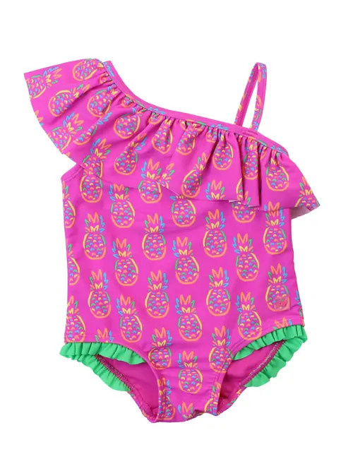 RuffleButts Girls UPF50+ Sun Protection One Shoulder Ruffle One Piece in Neon Violet Pineapples at Nordstrom, Size 18-24M | Nordstrom