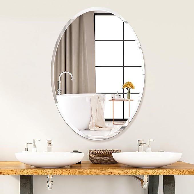 Villacola 20x28 Inch Oval Wall Mirror for Bathroom Beveled Edge Frameless Vanity Mirror | Amazon (US)
