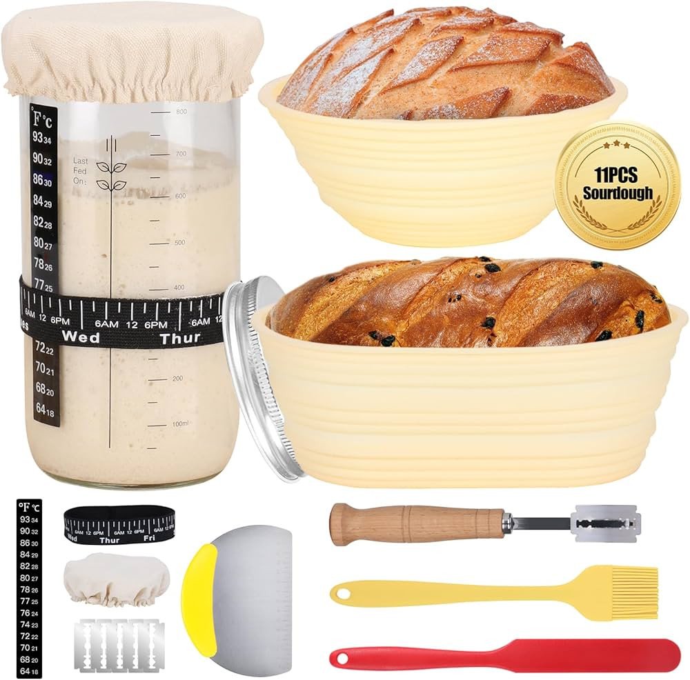 Sourdough Starter Kit, 34oz Sourdough Starter Jar, 2 Bread Proofing Baskets, Thermometer, Feeding... | Amazon (US)