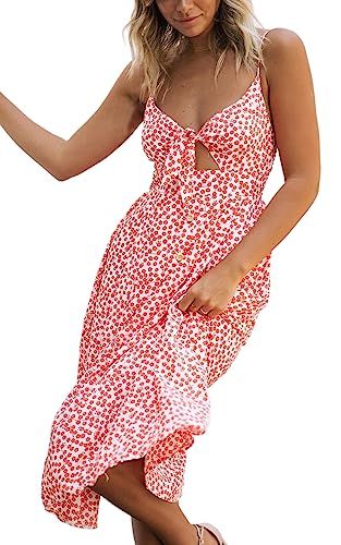 ECOWISH Womens Dresses Summer Tie Front V-Neck Spaghetti Strap Button Down A-Line Backless Swing ... | Amazon (US)