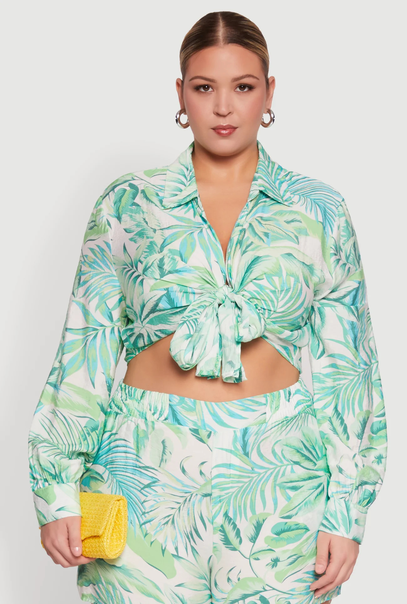 Plus Size Tropical Floral Tie Front Long Sleeve Crop Top | Rainbow Shops