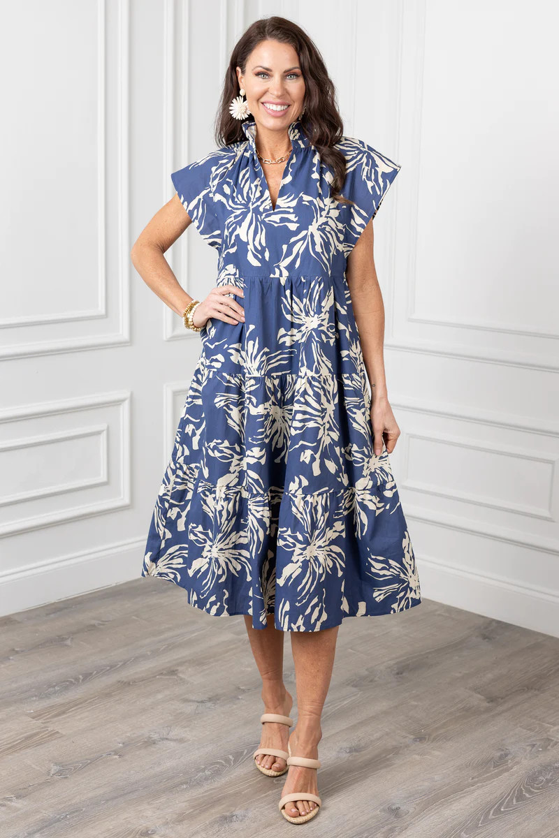 Blue & White Floral Tiered Dress - Tiered Midi Dress | Avara