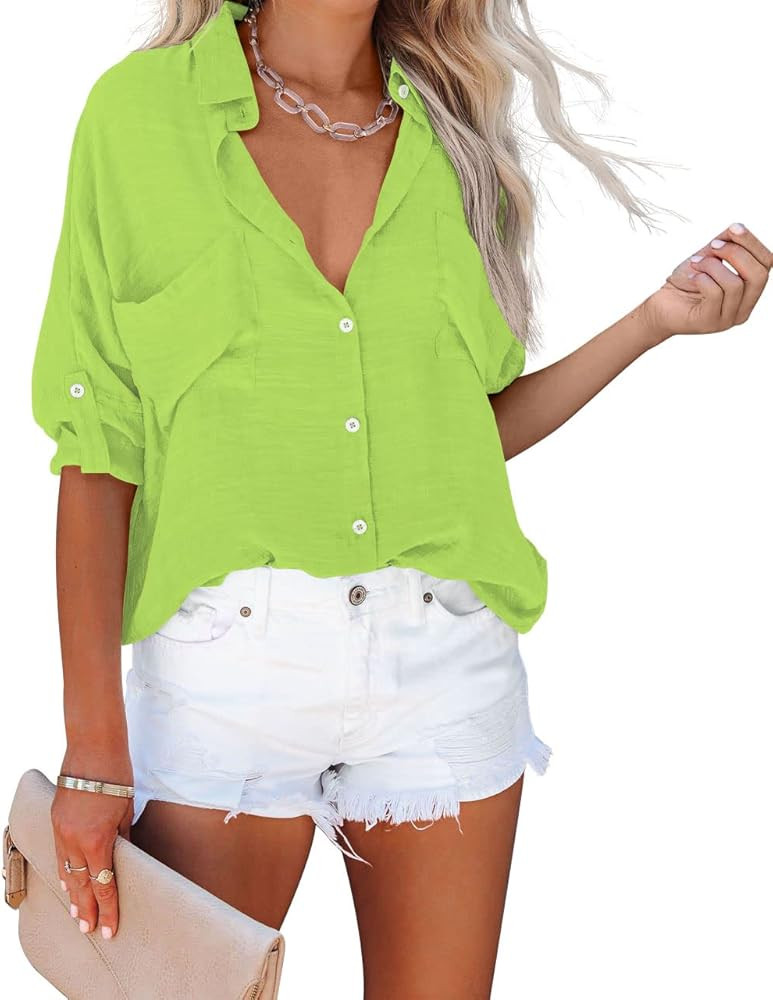Diosun Womens Button Down Shirts V Neck Casual Long Sleeve Roll Up Loose Plain Blouses Tops with Poc | Amazon (US)