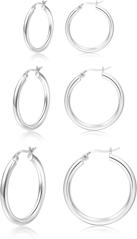 3 Pair Sterling Silver Hoop Earrings S925 Silver Hoop Earrings for Women Lightweight Small Hoop Earr | Amazon (US)