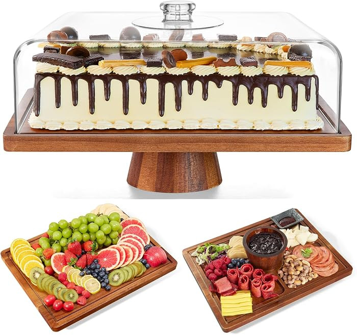 Acacia Wood Cake Stand with Lid-Extra Large 17" Rectangular Cake Holder,2-in-1 Dessert Table Disp... | Amazon (US)