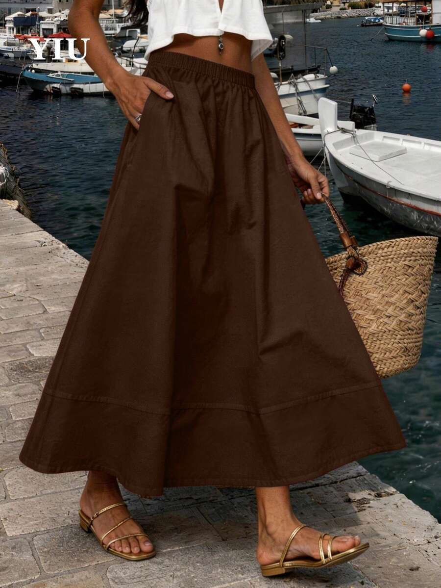 Women's Brown A-Line Maxi Dress, Made Of Polyester Fabric, With Pockets, Non-Stretchy, Suitable F... | SHEIN