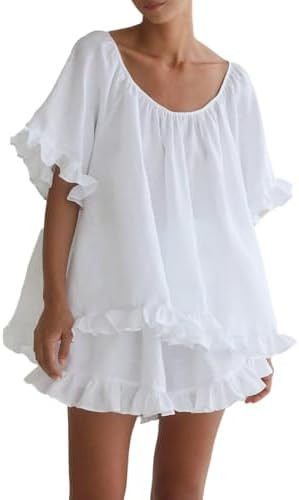 Women Summer 2 Piece Set Fashion Short Sleeve Ruffle Trim Top and Shorts Set Cotton Pajama Sets | Amazon (US)