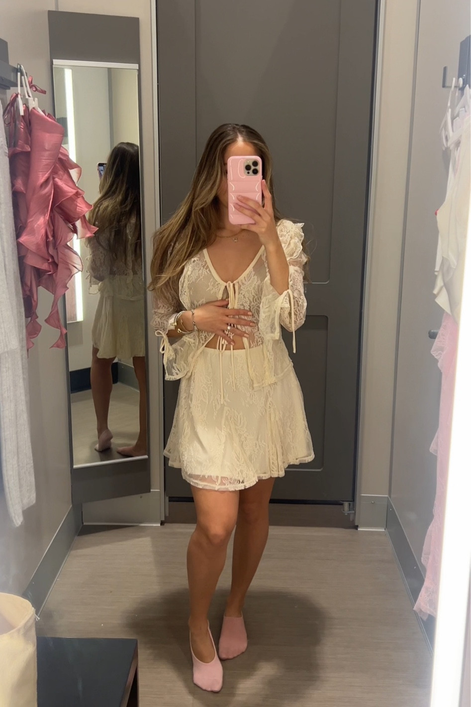 Target Lace skirt and top set
wearing size small top and small skirt

My measurements:
5’2, 24-25 waist, small top, 6.5 shoe