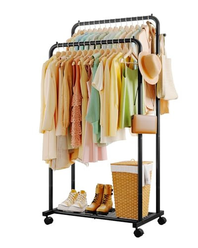 Sakugi Clothes Rack - Double Rods Clothing Rack with Mesh Shelf, Hooks & Wheels, Metal Clothing Racks for Hanging Clothes & Bags, Multifunctional Garment Rack for Laundry, Black, 28.7" x 16.5" x 59.1" | Amazon (US)