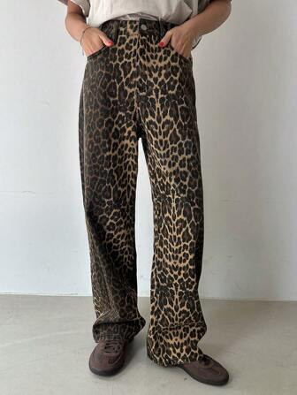 DAZY Women's Leopard Print Relaxed Fit Long Denim Jeans | SHEIN