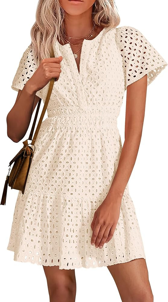 PRETTYGARDEN Womens 2024 Summer Short Dress V Neck Short Sleeve A Line Hollow Out Lace Ruffle Cut... | Amazon (US)