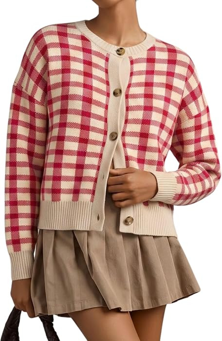 Daacee Women Plaid Cardigan Sweater Fall Button Front Knit Jackets | Amazon (US)