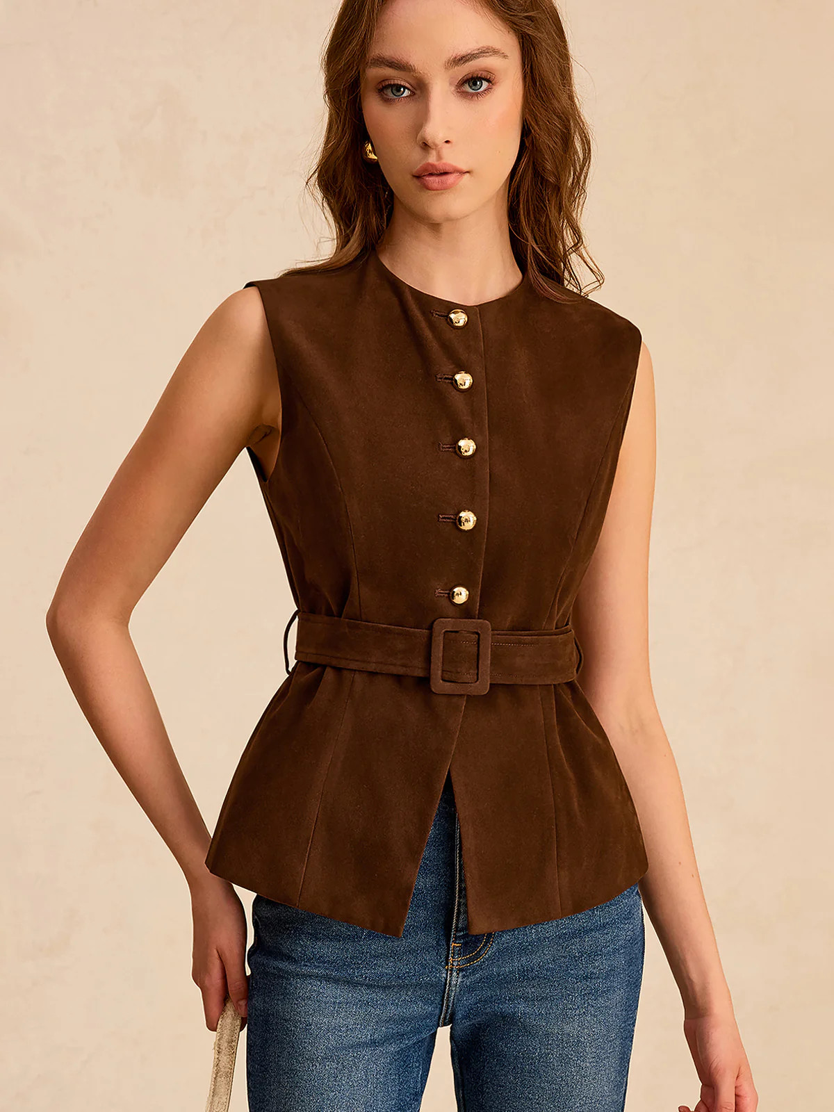 Suede Effect Vest with Belt | Commense