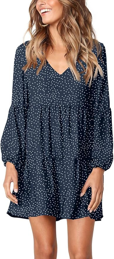 Cosonsen Womens Printed Swing Shift Dress Long Sleeve V Neck Tunic Dress | Amazon (US)