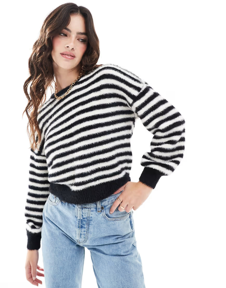 ONLY fluffy detail stripe sweater in black & white | ASOS (Global)