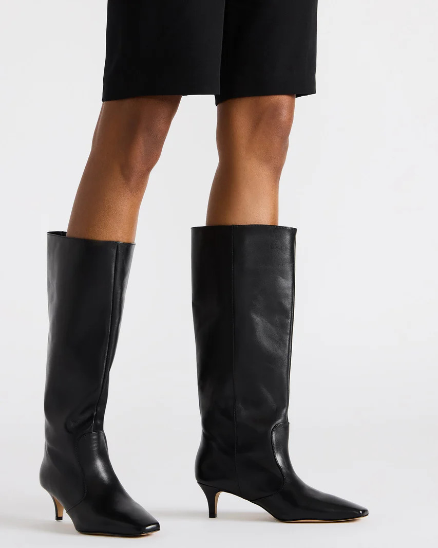 LANDER Black Leather Knee-High Kitten Heel Boot | Women's Boots | Steve Madden (US)