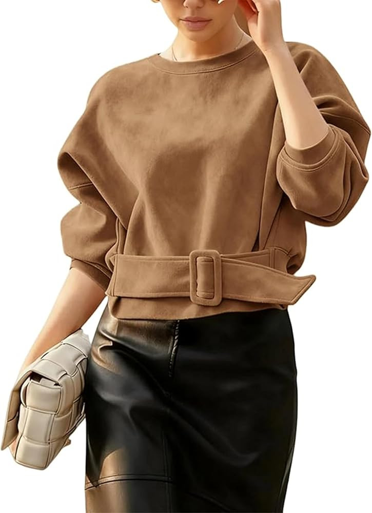 Women Faux Suede Cropped Top Belted Buckle Long Sleeve Crew Neck Pullover Shirt Casual Fall Daily... | Amazon (US)