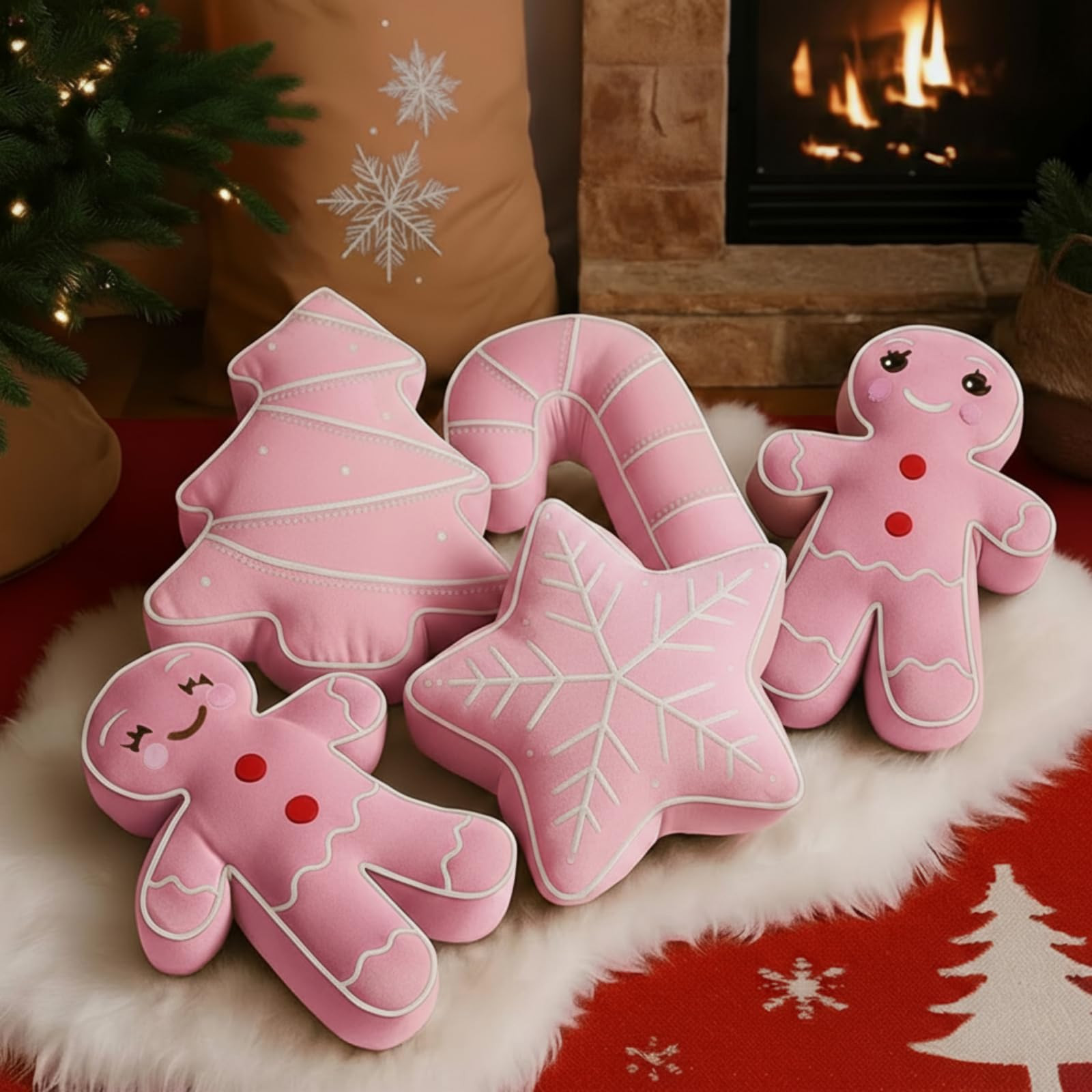 5 Pcs Pink Christmas Throw Pillows Gingerbread Christmas Tree Snowflake Peppermint Shaped Pillows... | Amazon (US)