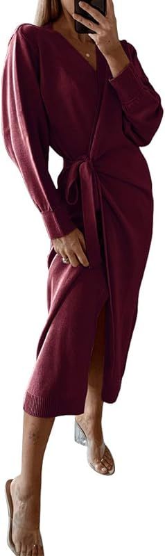 EXLURA Womens Knit Sweater Dress Casual Solid Long Sleeve Wrap Maxi Dresses with Belt | Amazon (US)