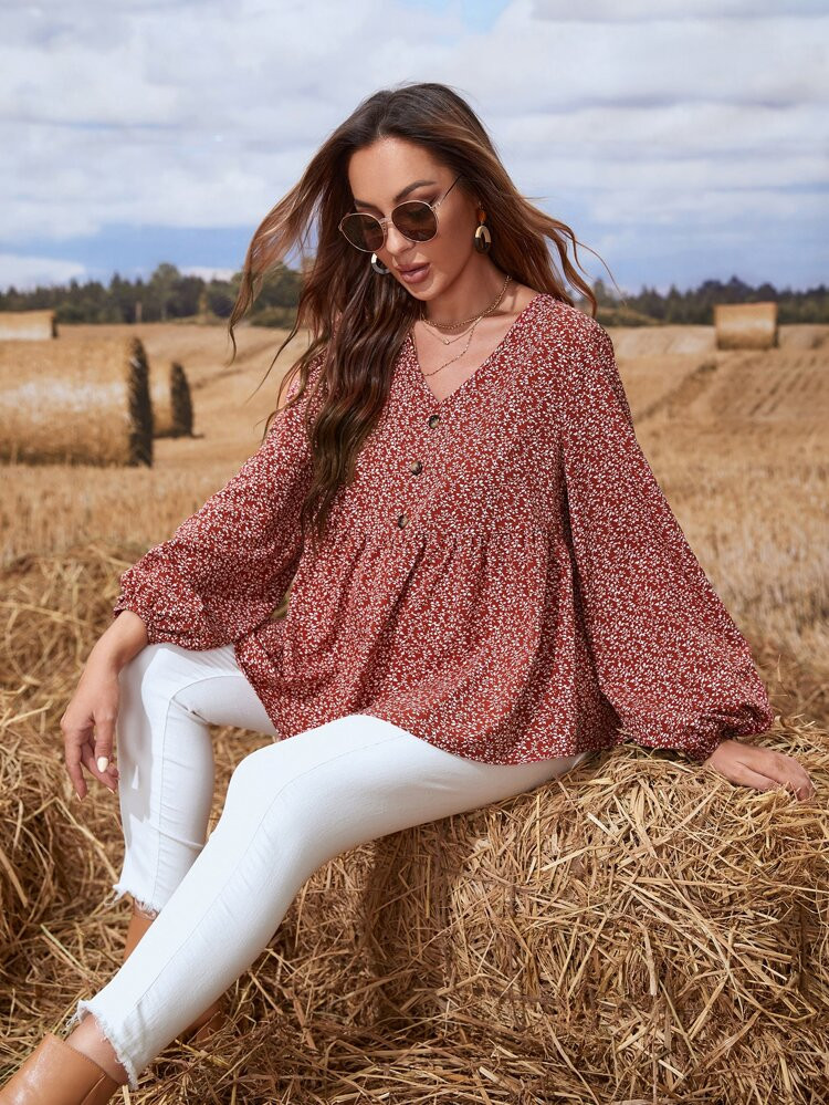 SHEIN Maternity Ditsy Floral Lantern Sleeve Peplum Blouse | SHEIN