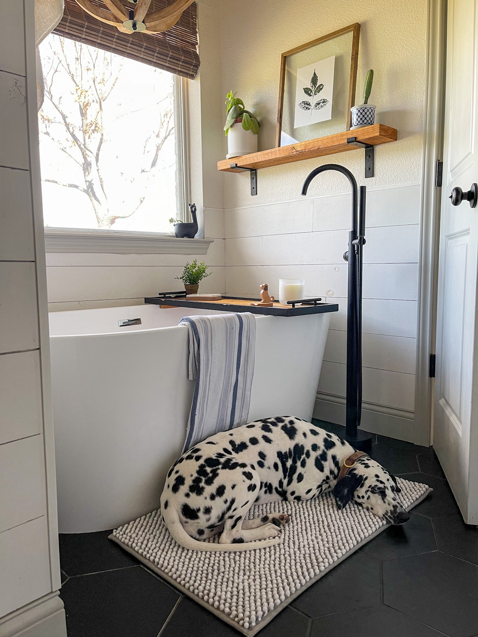 Serene bathroom styling! 

Memory foam mat, white soaking tub, black stand alone faucet, black faucet, floating cedar shelf, white bathroom decor, blue striped towel, bathroom tray, farmhouse bathroom, white planter, floral print, floral art, flower art

#LTKfindsunder50 #LTKhome #LTKfindsunder100