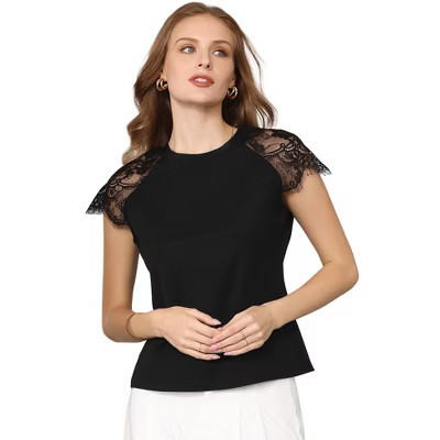 INSPIRE CHIC Women's Lace Short Sleeve Tops 2026 Casual Summer Blouse Tee Shirt Small Black | Target