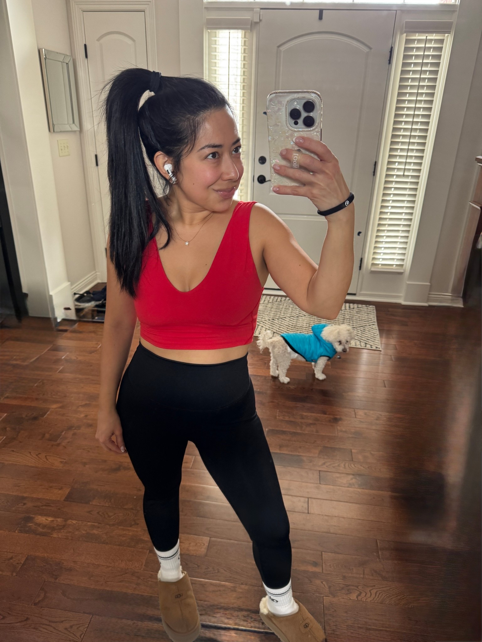 Today’s workout outfit that I wore to barre class 
Workout look. 
Activewear. 
Sweatshirt - lululemon size 6 TTS (black)
long sleeve shirt - FP Movement size S TTS (optic white)
Sports bra - FP Movement size S TTS (red)
Leggings - volare size S TTS (my favorite workout leggings so far)
Socks - alo (smallest size)
Slippers - Uggs size 6 (sized up 1)

#LTKActive #LTKPetite #LTKfitnessgoals