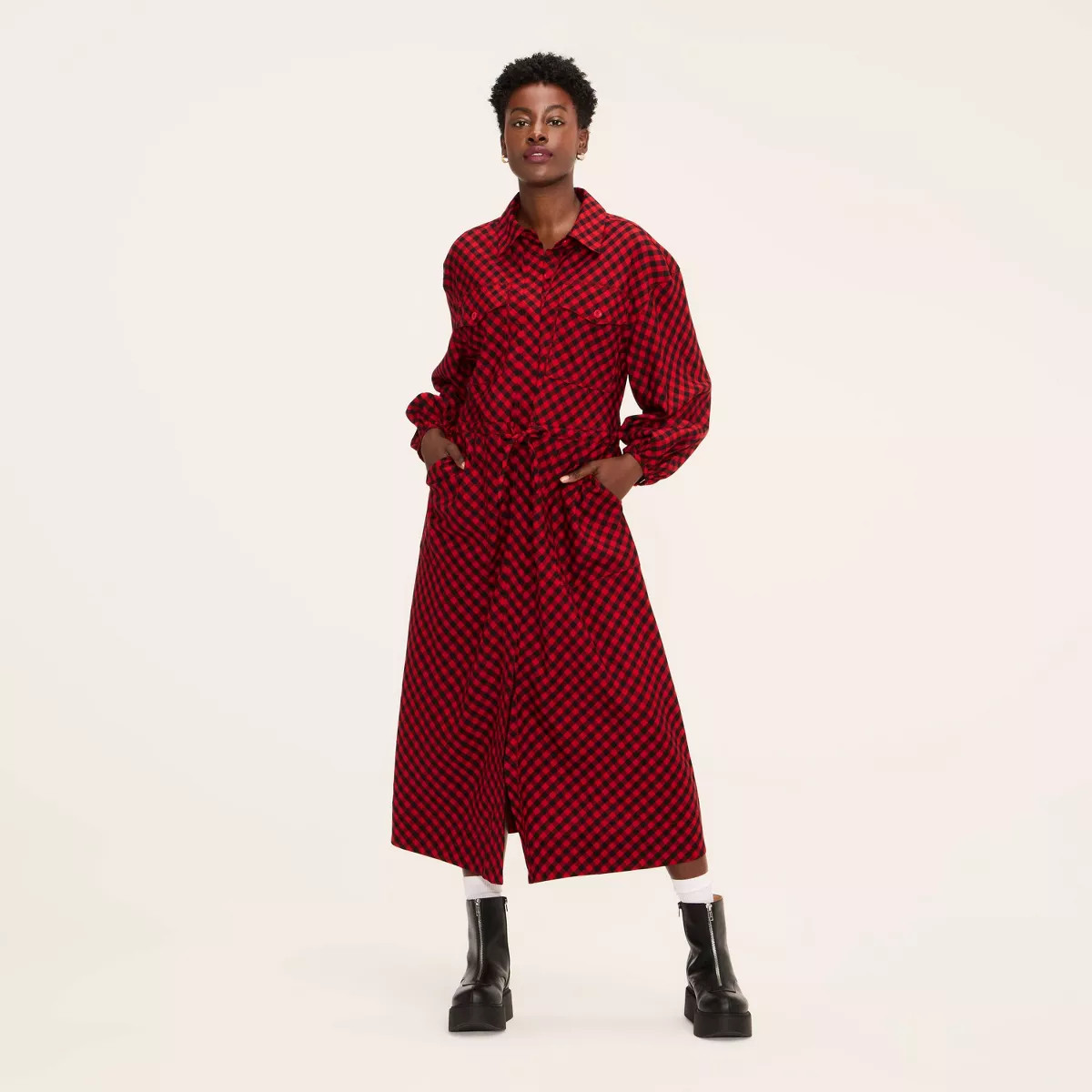 Women's Buffalo Check Long Sleeve Utility Midi Shirt Dress - Woolrich x Target Red/Black | Target