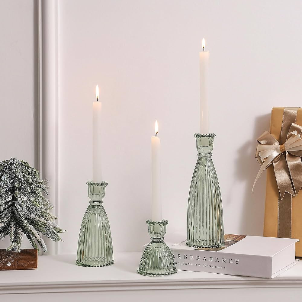 Vertical Stripe Candlestick Holders Set of 3, Premium Glass Candle Holders for Candlesticks and T... | Amazon (US)