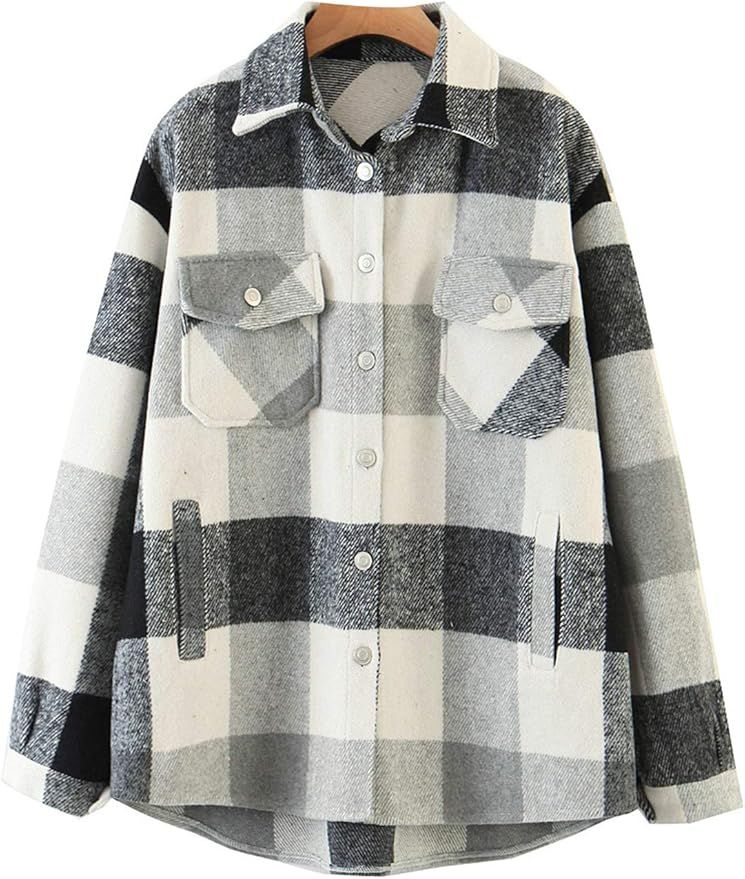 Locachy Women's Casual Plaid Button Down Wool Blend Long Sleeve Jackets Outerwear | Amazon (US)
