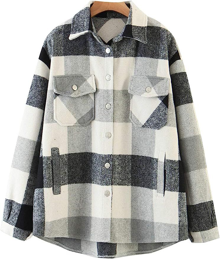 Locachy Women's Casual Plaid Button Down Wool Blend Long Sleeve Jackets Outerwear | Amazon (US)