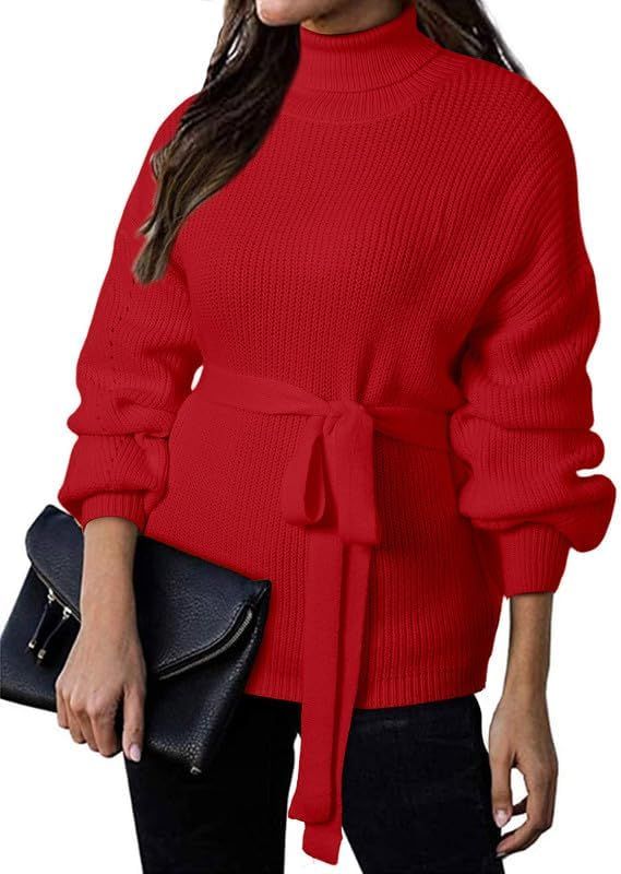 Dokotoo Women's Turtleneck Sweaters Long Sleeve Belted Waist Knitted Pullover Top | Amazon (US)