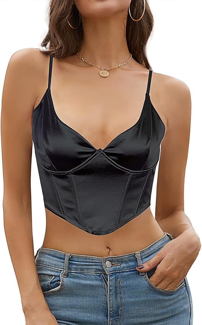 ForeFair Sexy V Neck Boned Corset Crop Top for Women Zip Back Bustier Cami Spaghetti Strap Clubwear  | Amazon (US)