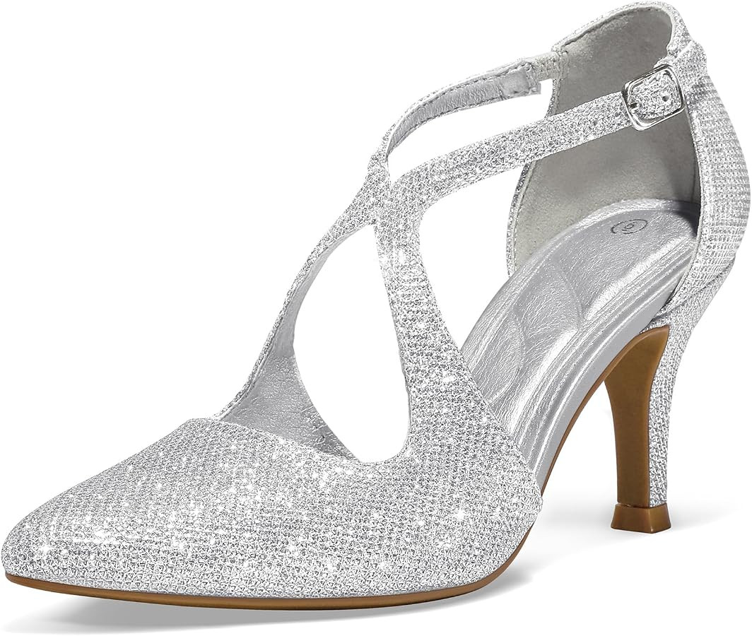 mysoft Women's Dress Shoes Closed Toe 3 Inch Heels Cross Strap Stiletto Pumps Wedding Prom Party ... | Amazon (US)