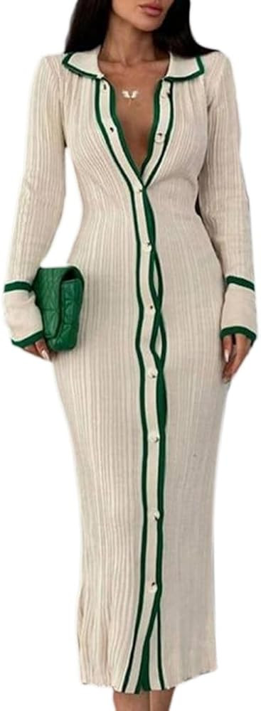 Women's Knitted Sweater Long Dress Vintage Long Sleeve V Neck Bodycon Maxi Dress Casual Button Do... | Amazon (US)
