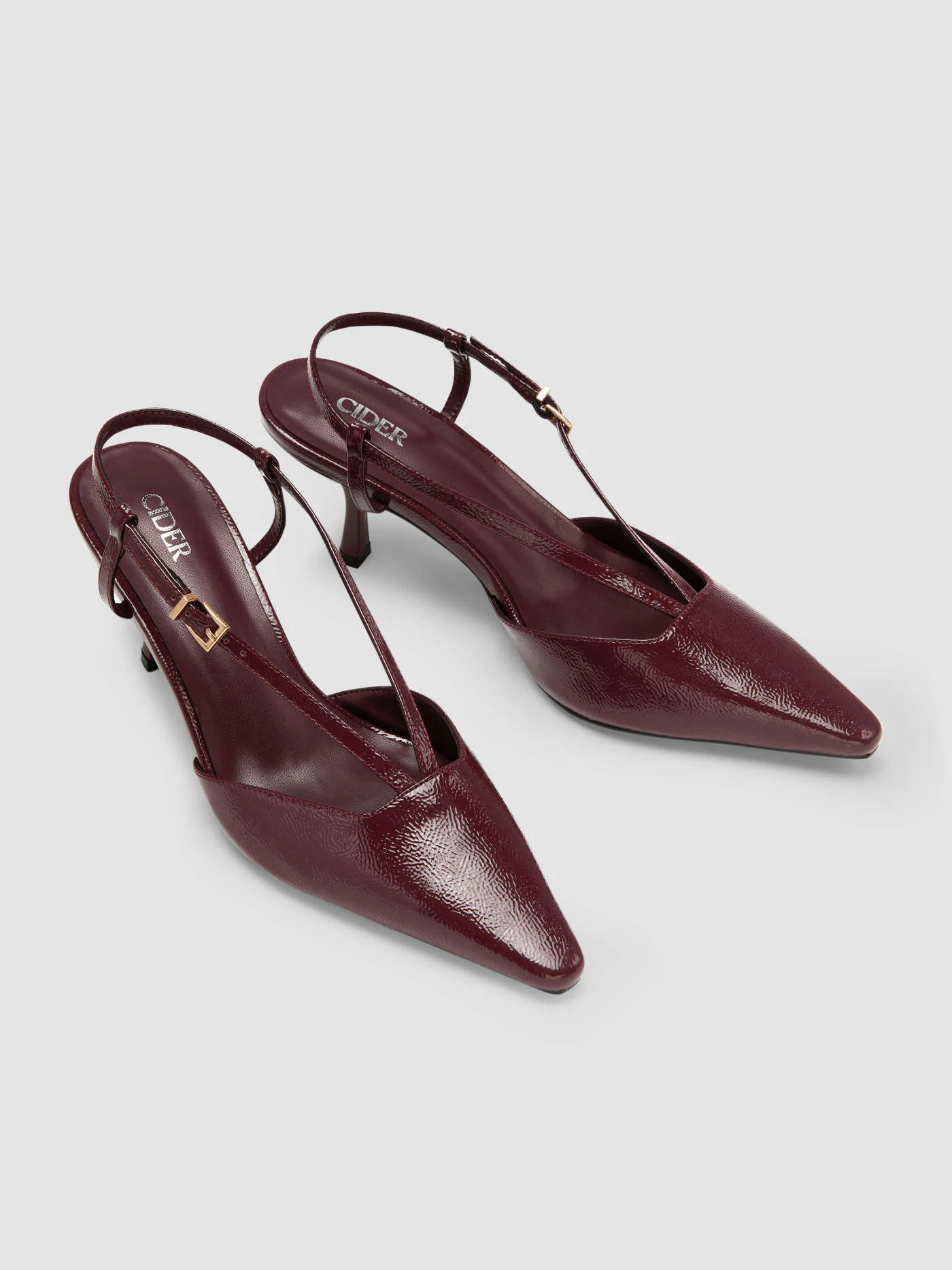 POINTED TOE STRAPPY FAUX PATENT LEATHER SLINGBACK HEELS For คาชู่ประจำวั... | Cider