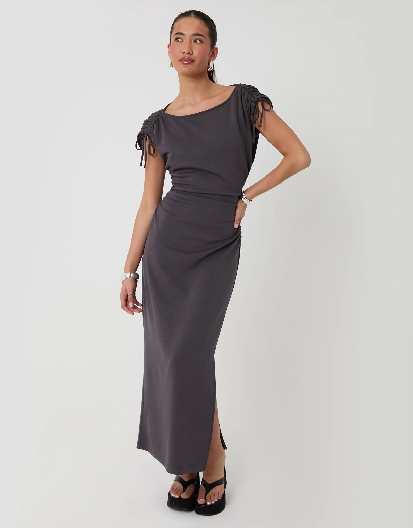 Ruched Midi Dress with Shoulder Tie Details in Charcoal Grey | Threadbare UK