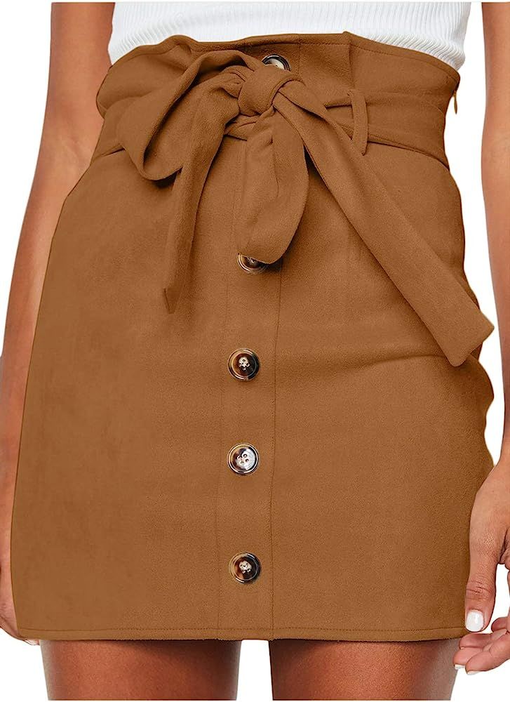 Meyeeka Women's Paperbag High Waist Button Trim Front Belted Faux Suede Mini Skirt | Amazon (US)