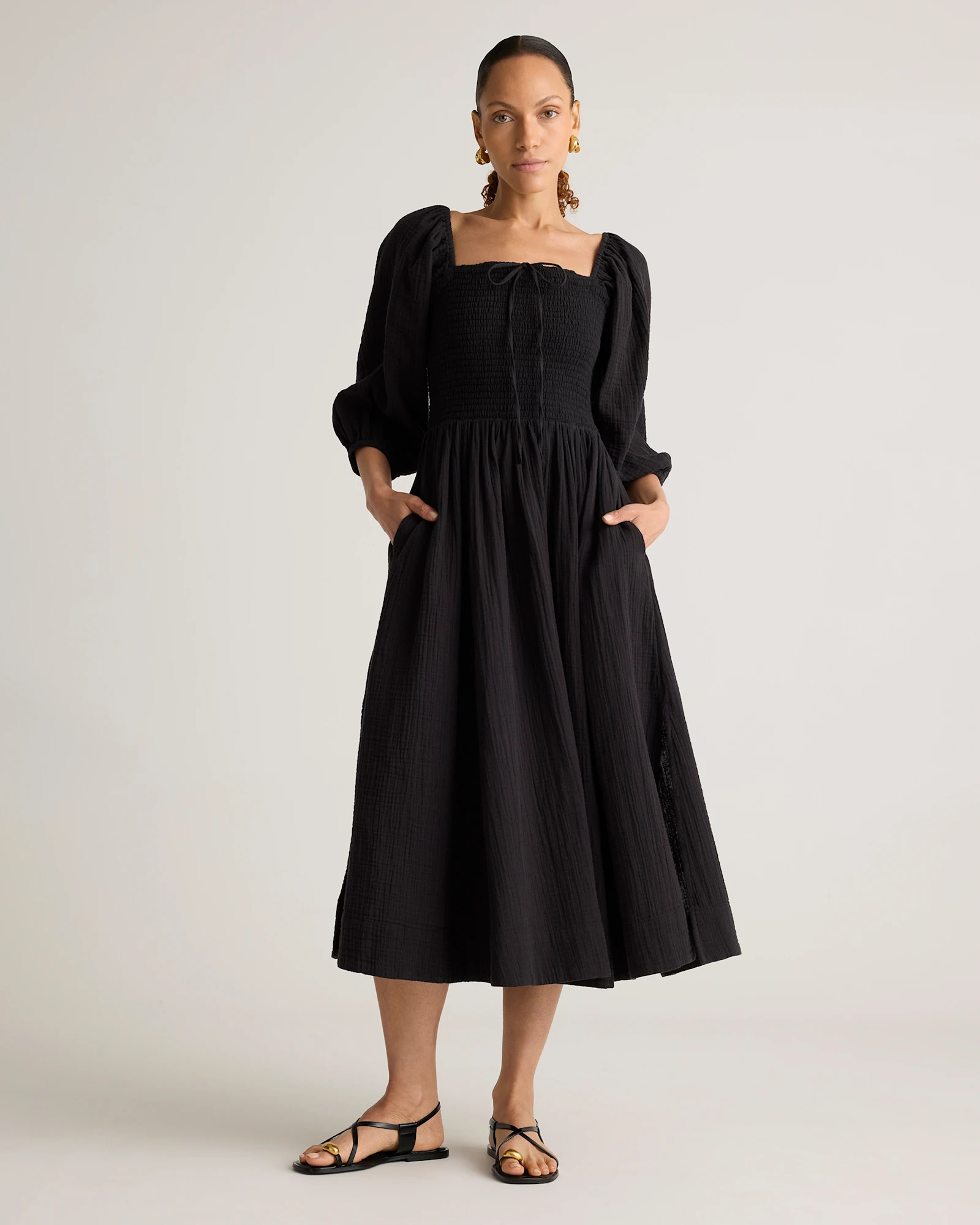 100% Organic Cotton Gauze Smocked Square Neck Midi Dress | Quince