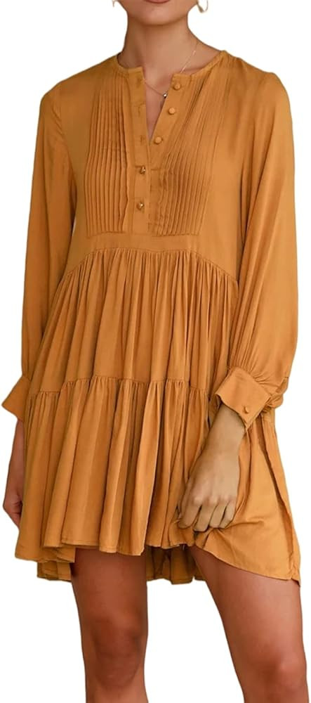 R.Vivimos Womens Fall Long Sleeve Casual Cotton Ruffle Button Down Loose Fit Mini Dress | Amazon (US)