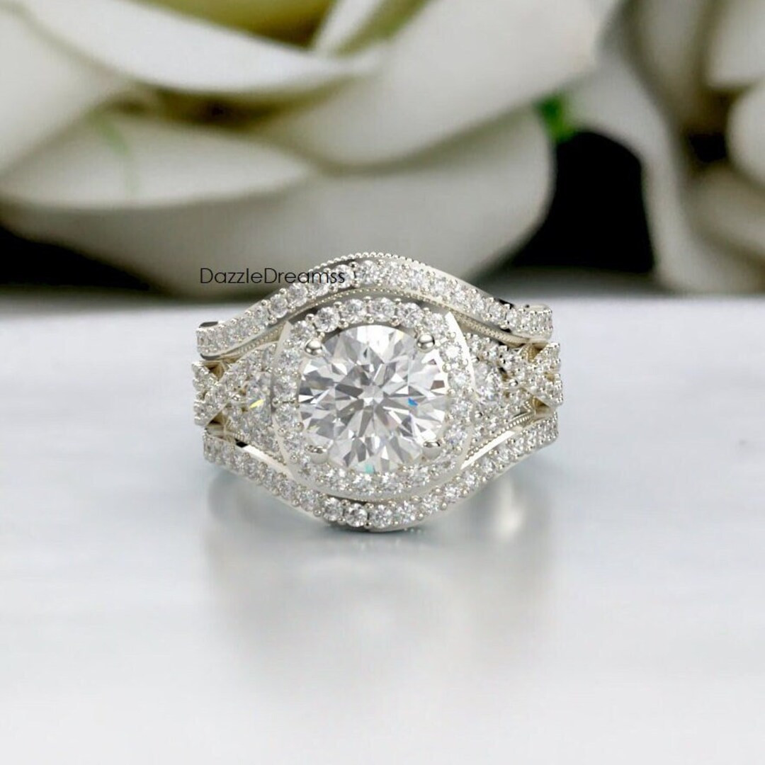 Gorgeous 2CT Round Moissanite Trio Wedding Ring Set, Curved Ring Set, Halo Engagement 14K White G... | Etsy (US)